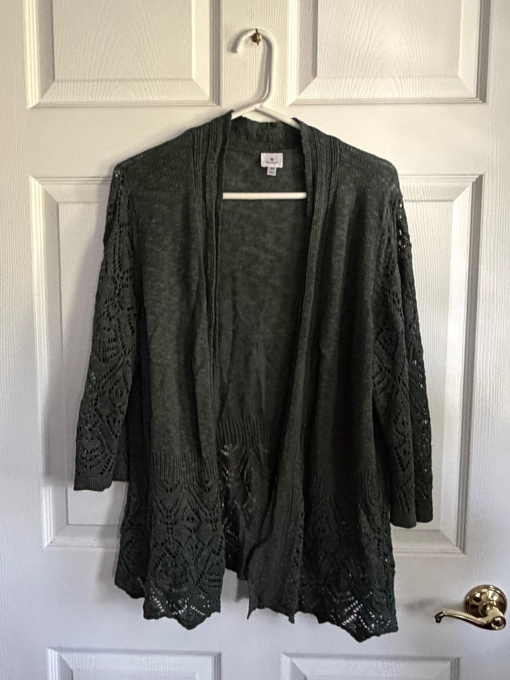 dressbarn Green Open-Front Crochet Hem Cardigan - Picture 2 of 10